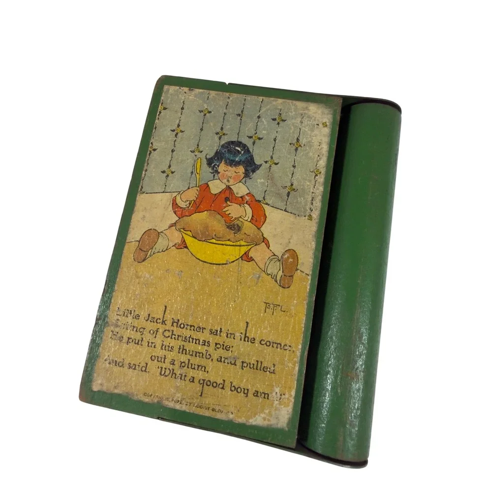 VTG Bookie-Blox Mother Goose Nursery Rhyme Wooden Block Book Green‎ 1922